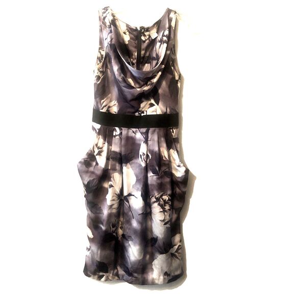 H & M Dress Sz 6 Floral White Gray Black Sleeveless Silky Fit & Flare Fall - Picture 5 of 8